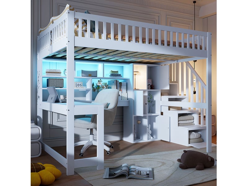 Lit mezzanine 140x200 cm avec bureau, rangements, éclairage led, blanc - Conforama E