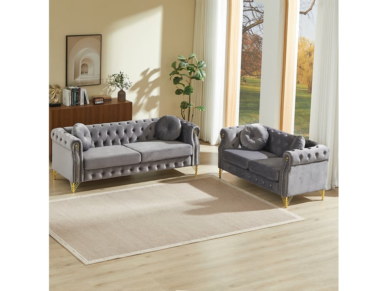  Canapé 3+2 places en velours gris avec pieds métalliques dorés  - Conforama W