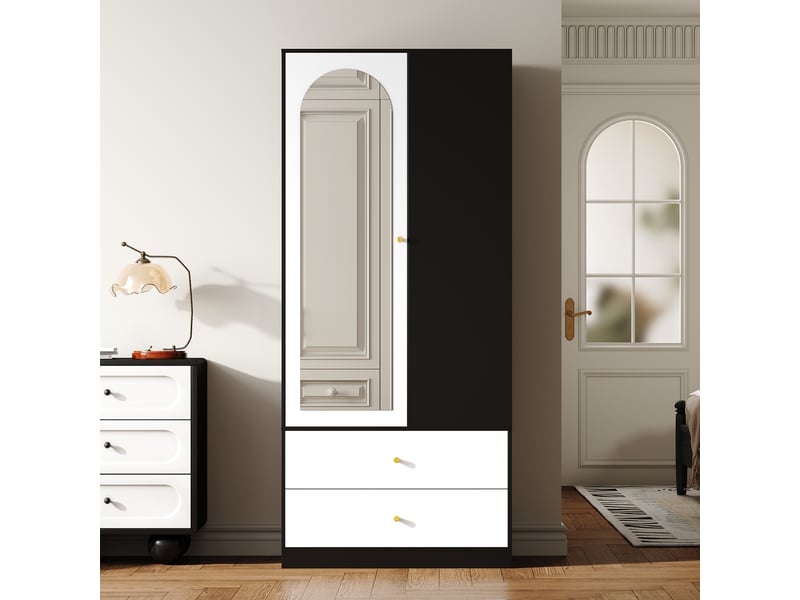  Armoire penderie avec miroir - 80x40x180cm - 1 porte, 2 tiroirs &amp; 4 étagères - charnières soft-close - noir &amp; blanc  - Conforama C