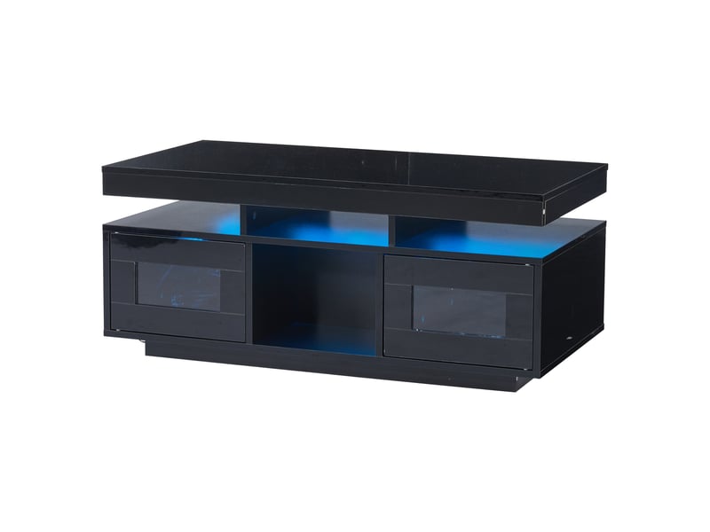  Table basse noire brillante 100×50×43cm avec éclairage led contrôlable via application mobile, table de salon avec rangement, table d'appoint avec port de chargement et prise, idéale pour le bureau ou le bureau  - Conforama E