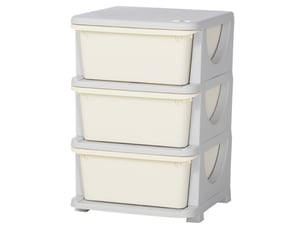 Boîte rangement enfant crème, 3 grands tiroirs en plastique, bords arrondis, 37x37x56,5 cm