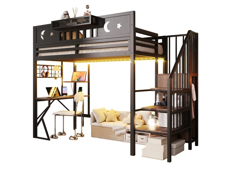  Lit mezzanine enfant 90x200 cm, bureau usb led rangements, escalier garde-corps, métal mdf noir sans matelas  - Conforama A