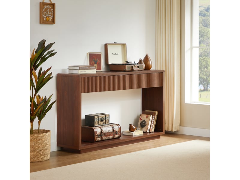  Console d'entrée tcqpz 150 x 35 x 85 cm 2 tiroirs rangement ouvert panneaux de particules et mdf coloris noyer  - Conforama D