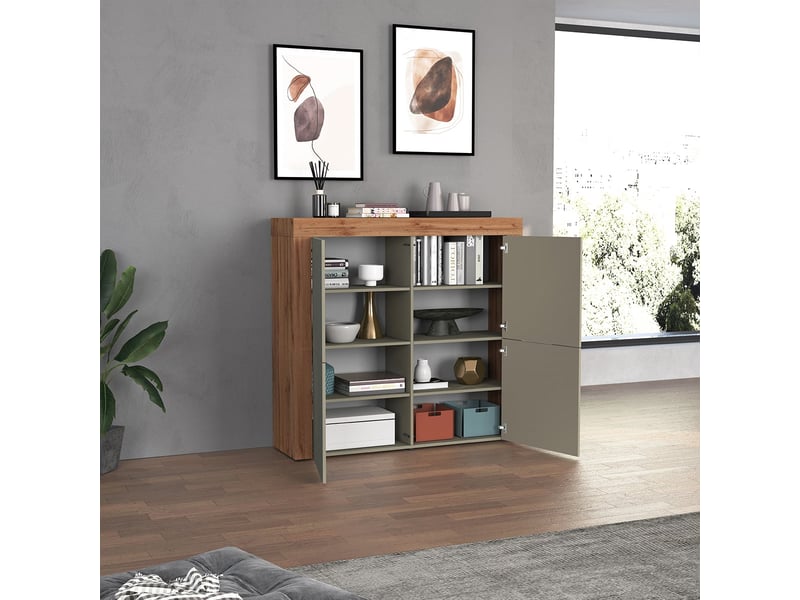  Buffet de salon moderne chronos avec 4 portes et 8 étagères - gris tourterelle  - Conforama B