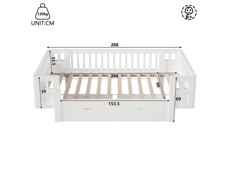  Lit enfant 90 x 200 cm, lit plateforme en bois massif blanc avec haut garde-corps, 2 grands tiroirs, design scandinave, gain de place  - Conforama E