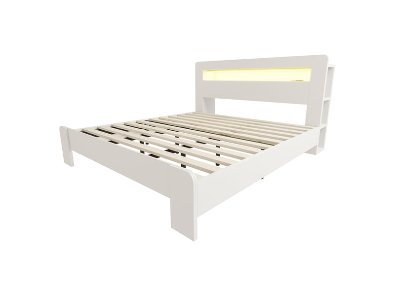  Lit plateforme 180x200 cm, cadre de lit, rangement, bois blanc, led  - Conforama B