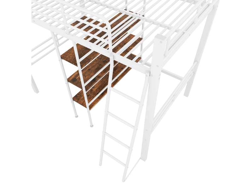  Lit mezzanine 90x200cm, lit enfant avec bureau, étagères de rangement, escalier et sommier, lit métal blanc, sans matelas  - Conforama R