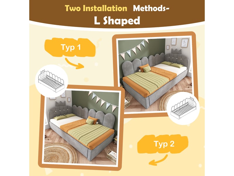  Lit gigogne 90x200 cm - lit 2 personnes avec lit tiroir 90x190 cm - velours - design couronne - gris  - Conforama D