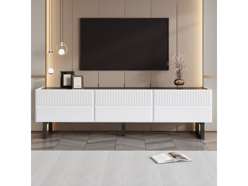  Meuble tv 170 x 35 x 47 cm, 3 tiroirs de rangement, plateau brillant, pieds en métal, design moderne, blanc et noir, rangement pour salon CARDUME ESTIVAL - Conforama B