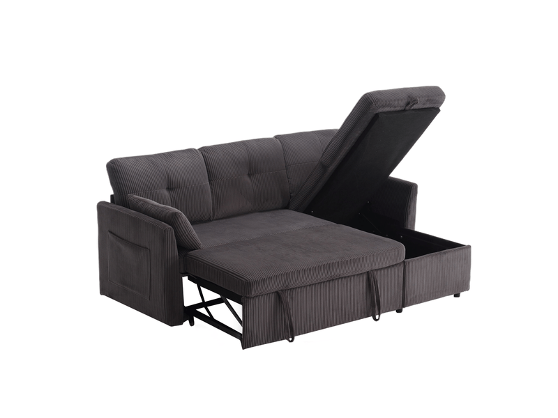  Canapé d'angle convertible 3 places en velours côtelé gris foncé avec rangement modulaire et lit gigogne  - Conforama A
