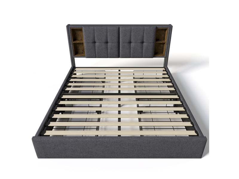 Lit double 160x200 cm gris en tissu, 4 tiroirs, ports usb-c, chargeur sans fil et sommier à lattes - Conforama D