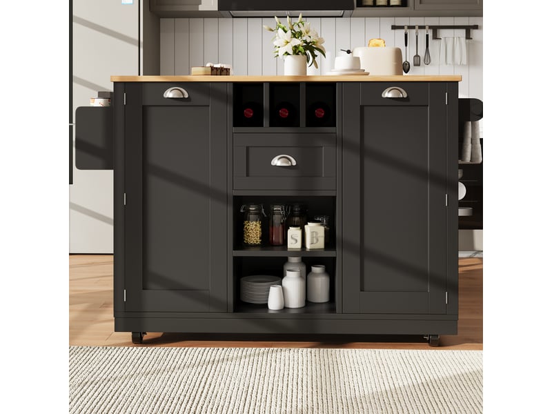 Desserte de cuisine noire 140 cm avec plateau rabattable, rangement et roulettes - Conforama E