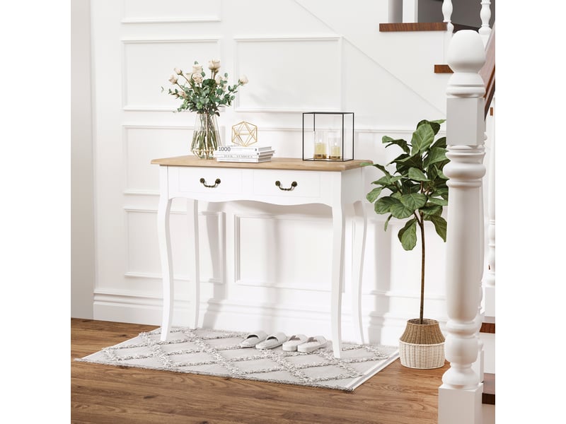  Console à 2 tiroirs, style rétro, idéale pour entrée, couloir, salon ou chambre, en pin, 87 x 34 x 78,5 cm, blanche.  - Conforama C