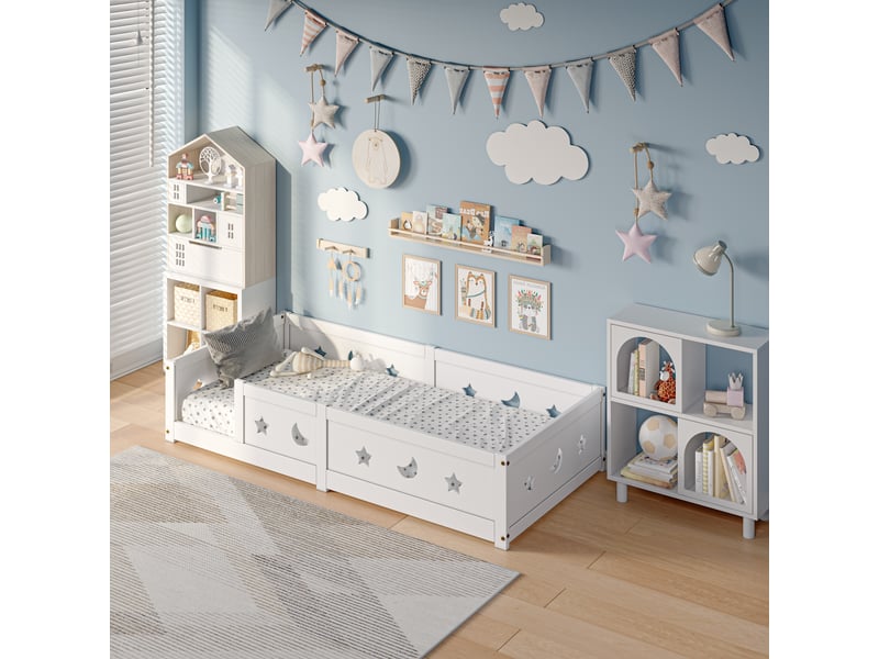  Lit enfant 90x200 cm avec barrières de sécurité et sommier à lattes - pin massif - blanc  - Conforama B
