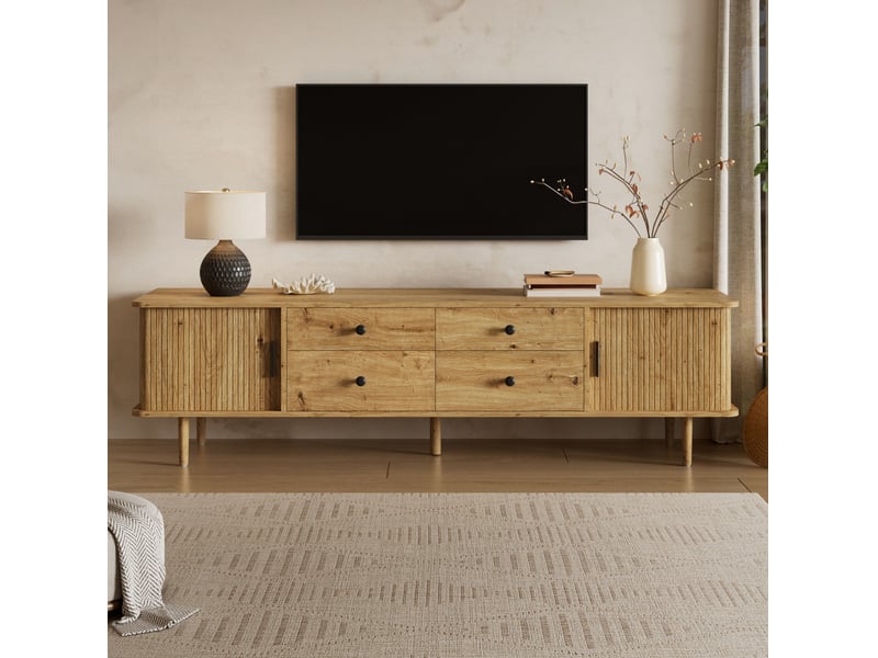  Meuble tv bas 165 x 40 x 46 cm – décor bois clair – 4 tiroirs, 2 portes coulissantes  - Conforama E