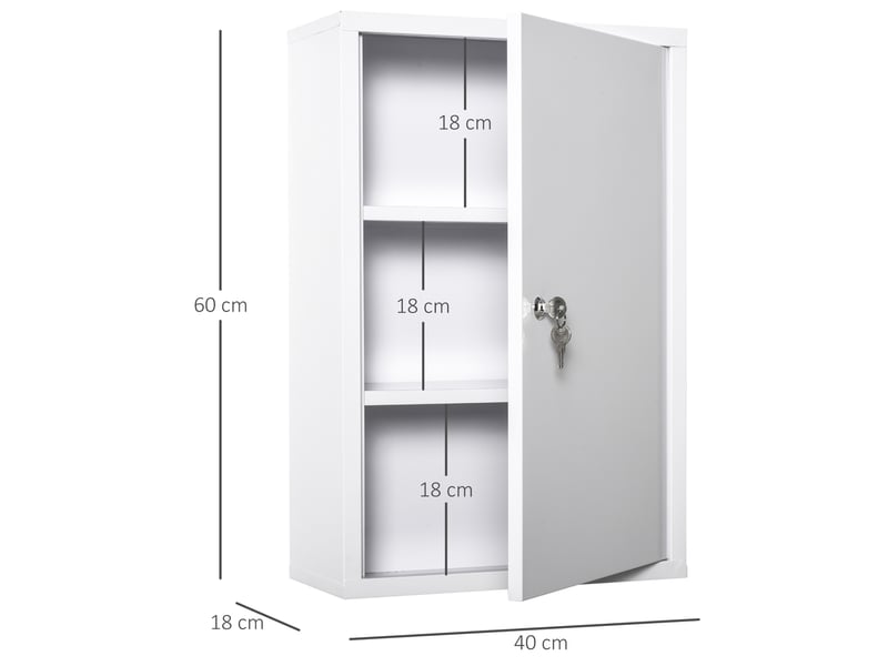  Armoire à pharmacie métallique verrouillable à 3 compartiments, armoire de premiers secours, 40 x 18 x 60 cm, blanche  - Conforama E