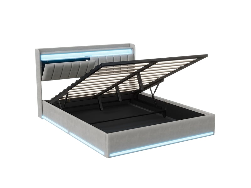  Lit coffre 140x190 cm avec éclairage led et port usb, lit adulte  avec tête de lit avec rangement, lits 2 personnes, velours, gris  - Conforama W