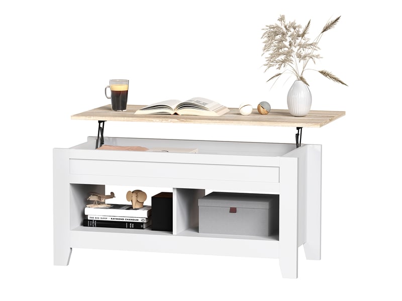  Table basse avec mécanisme de levage, espace de rangement intégré, 105 x 50 x 49 cm, blanc et naturel  - Conforama B