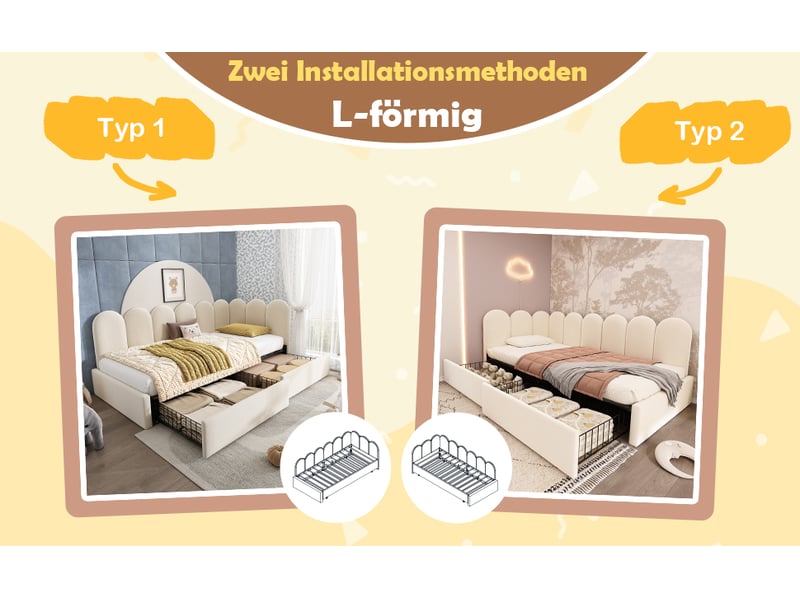 Lit banquette 90x200 cm lit simple avec 2 tiroirs, côtés réversibles, sommier à lattes, velours beige Seren Glow - Conforama D