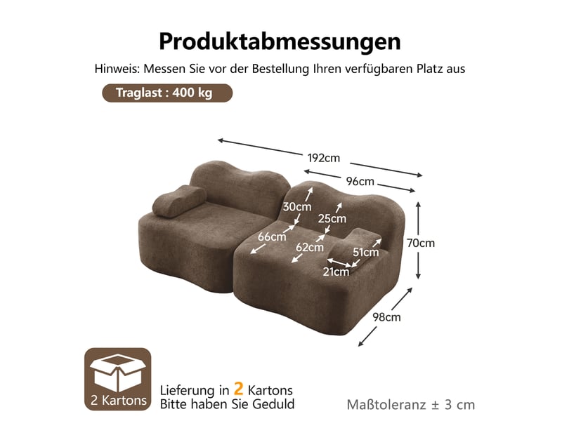 Canapé droit modulaire 2 places en velours brun, forme ondulée et assise profonde pour votre salon au quotidien - Conforama C