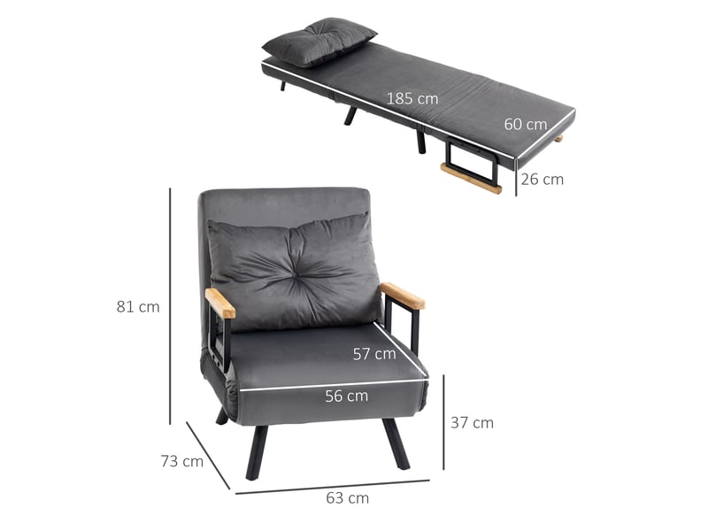  Fauteuil convertible ulevr en lit 1 place, dossier réglable 5 positions 180°, aspect velours gris foncé, 63 x 73 x 81 cm  - Conforama C