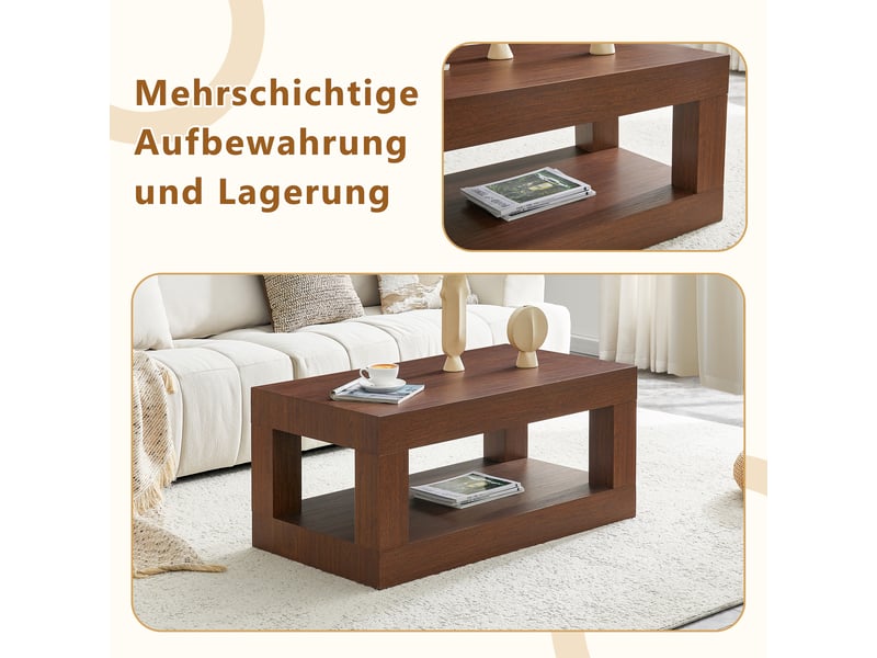  Table basse en mdf 93×53×45,5 cm, rectangulaire à 2 niveaux, avec rangement ouvert, pieds avec patins en feutre  - Conforama E