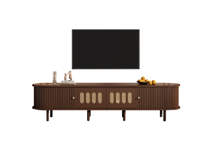 Meuble tv ovale 180 cm - noyer foncé, rotin design, mdf, 2 tiroirs, porte à volet roulant, 30 kg - Conforama A