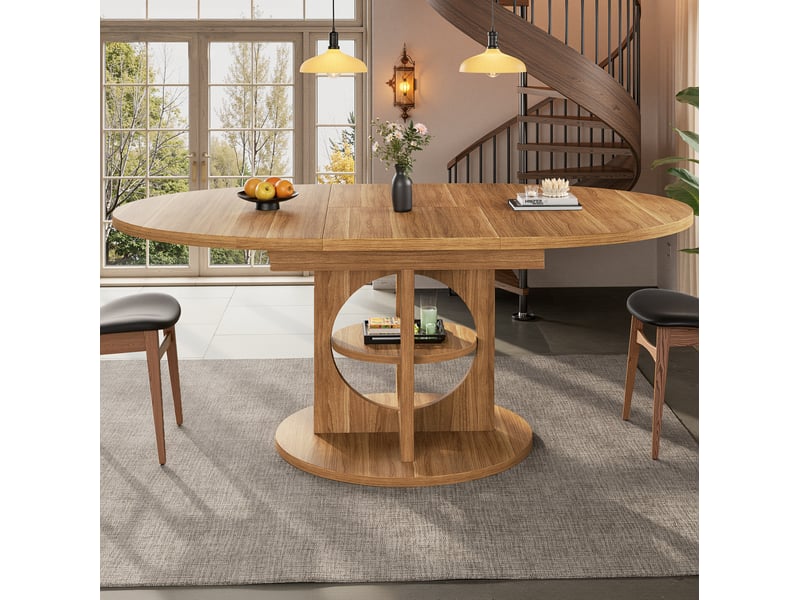  Table à manger extensible, plateau rond à ovale 110-150cm, espace de rangement, panneau aggloméré et cadre métal ton naturel, salle à manger  - Conforama E