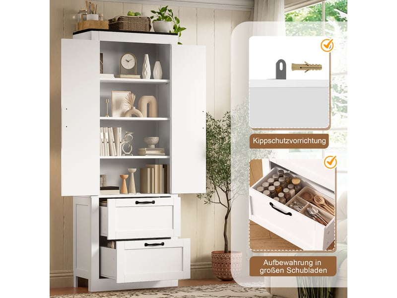  Buffet de cuisine haut blanc 60x30x168 cm, 2 portes et 2 tiroirs intégrés, meuble rangement cuisine  - Conforama R
