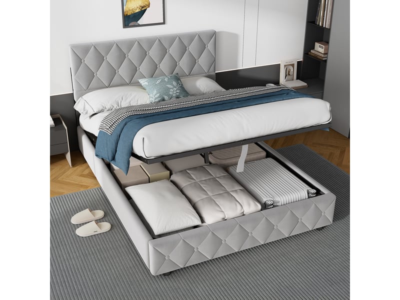 Lit rembourré 140x200 cm avec sommier à lattes gris evryae  - Conforama E