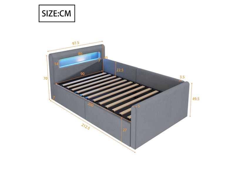 Lit coffre enfant 90x200 cm, led, port usb, espace de rangement, sommier, velours gris clair, sans matelas  - Conforama C