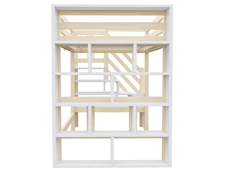  Lit mezzanine 90x200 cm avec rangements, éclairage led, bois et mdf, couleur blanc et bois naturel sans matelas  - Conforama E