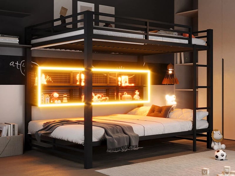  Lit superposé 140x200 avec rangements et éclairage led, noir  - Conforama B