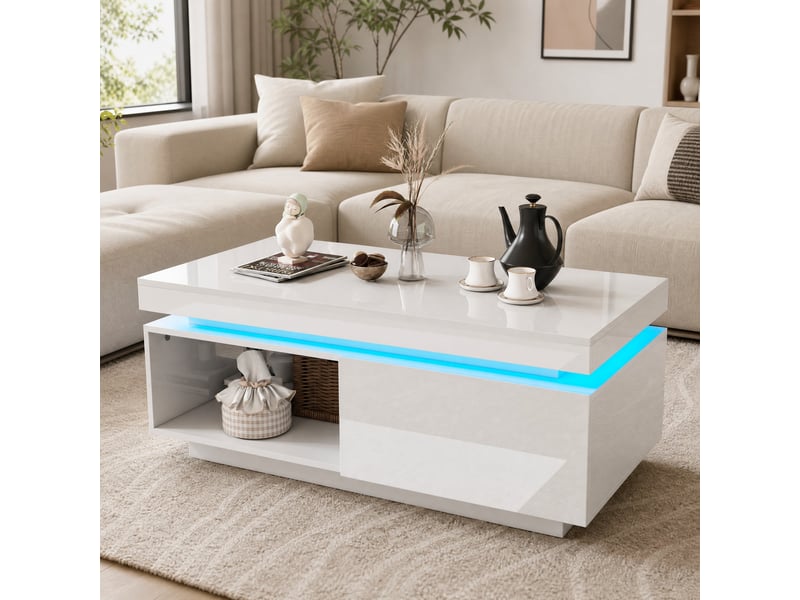  Ensemble meuble tv et table basse led blanc brillant – 181 x 38 x 38 cm 100 x 50 x 40,3 cm  - Conforama B