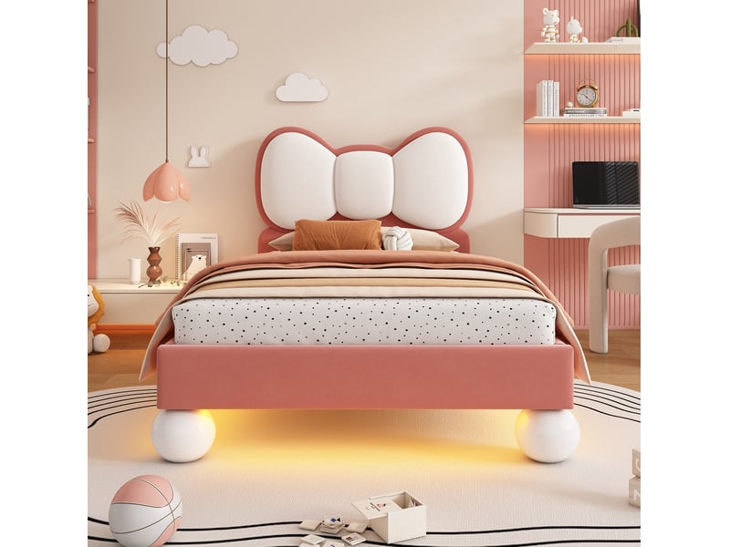  Lit enfant 90x200 cm en velours beige et rose avec led réglable  - Conforama D