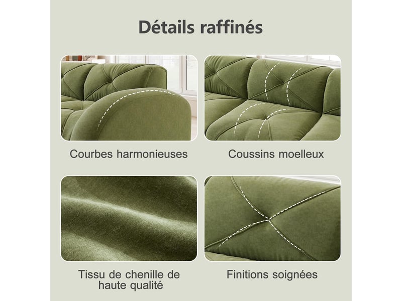  Canapé en u modulable 3 places avec 2 poufs en tissu chenille vert W3325S00357 - Conforama D
