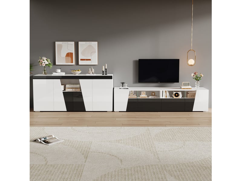Ensemble meuble tv et buffet tcqpz 180 x 38,5 x 45 cm et 140 x 40 x 65 cm led contrôlée par application blanc et noir finition brillante - Conforama E