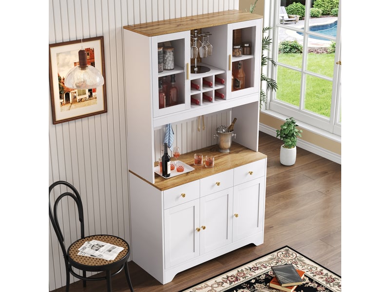  Buffet haut avec 5 portes, 3 tiroirs et niches ouvertes, portes transparentes en mdf pour salon 94,5×30×175,5 cm blanc  - Conforama C