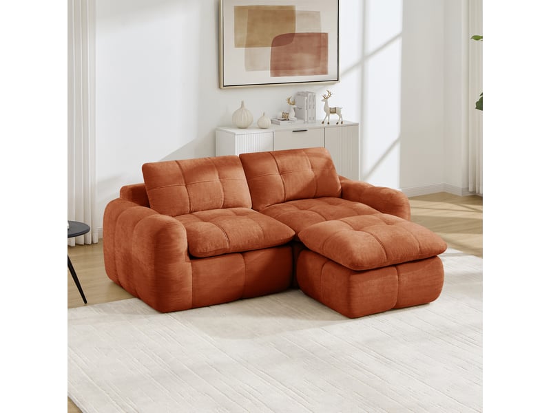  Canapé d'angle modulaire 2 places sans cadre avec ottomane, montage sans outils en chenille orange, 194 × 160 × 68 cm  - Conforama D