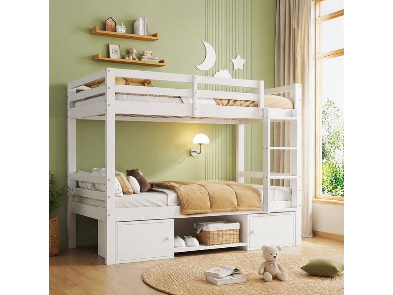  Lit superposé enfant blanc 90 x 200 cm avec étagères à chaussures et rangements fermés  - Conforama B