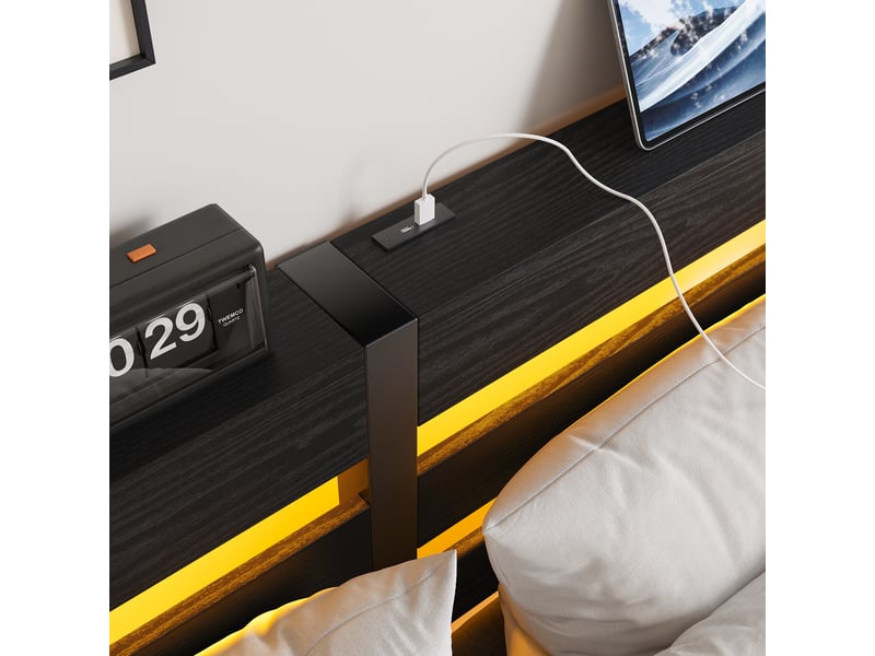 Lit double adulte 140x200cm avec éclairage led, lit métallique avec station de chargement usb et espace de rangement sous le lit, noir (sans matelas) OPULERANE TRADING LTD - Conforama E