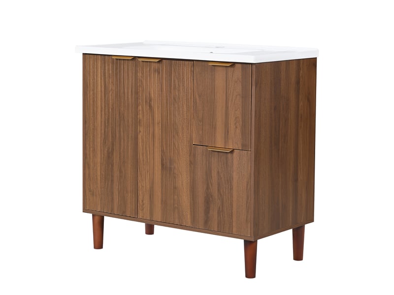 Meuble vasque sur pied 91 cm noyer, lavabo céramique, portes doubles, tiroirs, poignées dorées - Conforama E