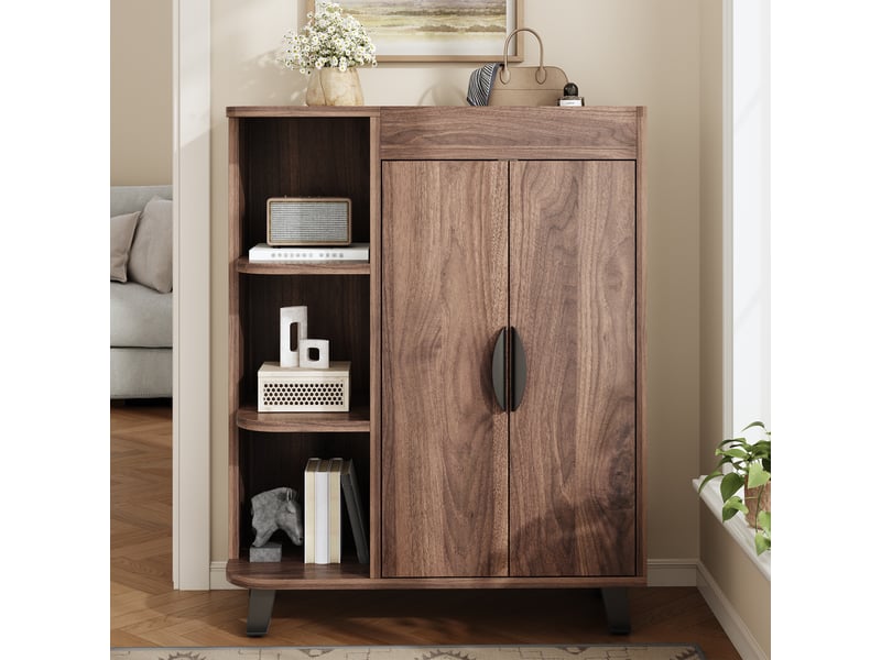  Meuble à chaussures étroit 80x32x99 cm, meuble de rangement entrée avec portes abattantes et étagères ouvertes, design noyer  - Conforama B