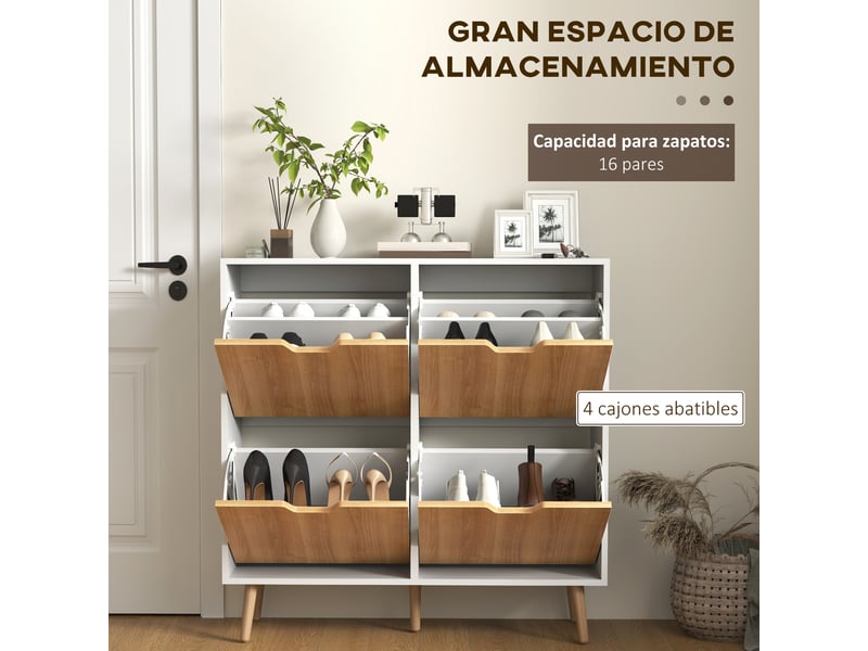  Meuble à chaussures étroit avec 4 tiroirs abattants et étagères réglables pour 16 paires, 95 x 26 x 95 cm, naturel et blanc  - Conforama E
