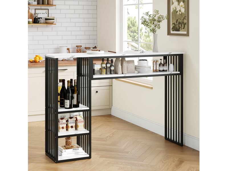  Table de salle à manger avec 3 étagères, effet marbre, en mdf et métal, pour cuisine et espace repas, 140 × 40 × 105 cm  - Conforama D