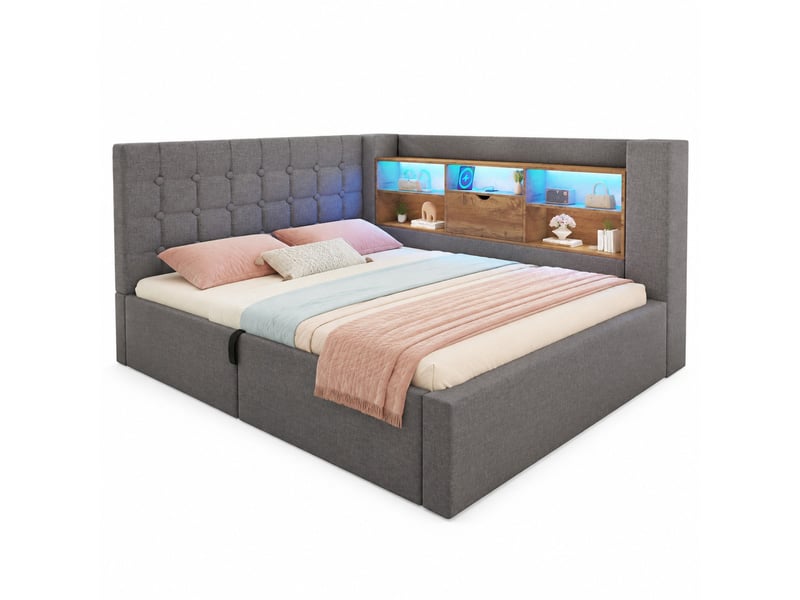  Lit coffre 140x190 cm avec led, ports usb, tête de lit réversible, gris  - Conforama A