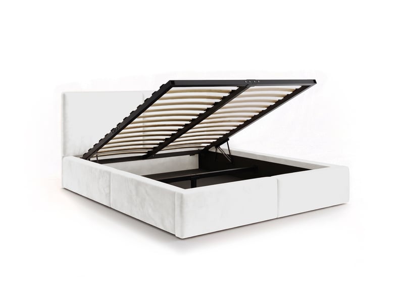  Lit coffre rembourré 140x200 2 places avec sommier relevable gratuit inclus et tête de lit - lit adulte avec rangement – blanc Hilton Interbeds - Conforama A