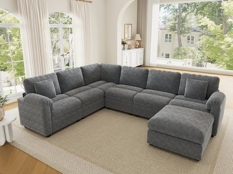  Canapé d'angle modulaire en forme de u ou de l,7 places, avec coussins et pouf séparé,274,5 x 210,5 x 85,5 cm, gris  - Conforama B
