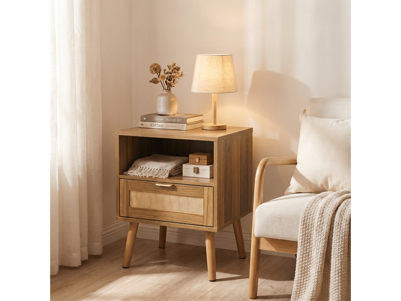  Table de chevet avec 1 tiroir et niche ouverte pour chambre en mdf et rotin 45×40×55 cm noyer  - Conforama C