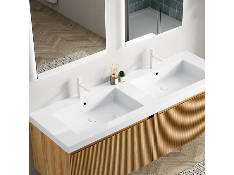  Double vasque à encastrer avec cuves en résine blanche, sans meuble ni robinetterie, pour salle de bain 140 × 46 × 5 cm  - Conforama B